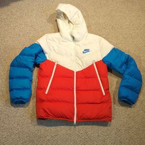 Nike Sportswear Windrunner Down Puffer Jacket Mens M Red Blue White Colorblock